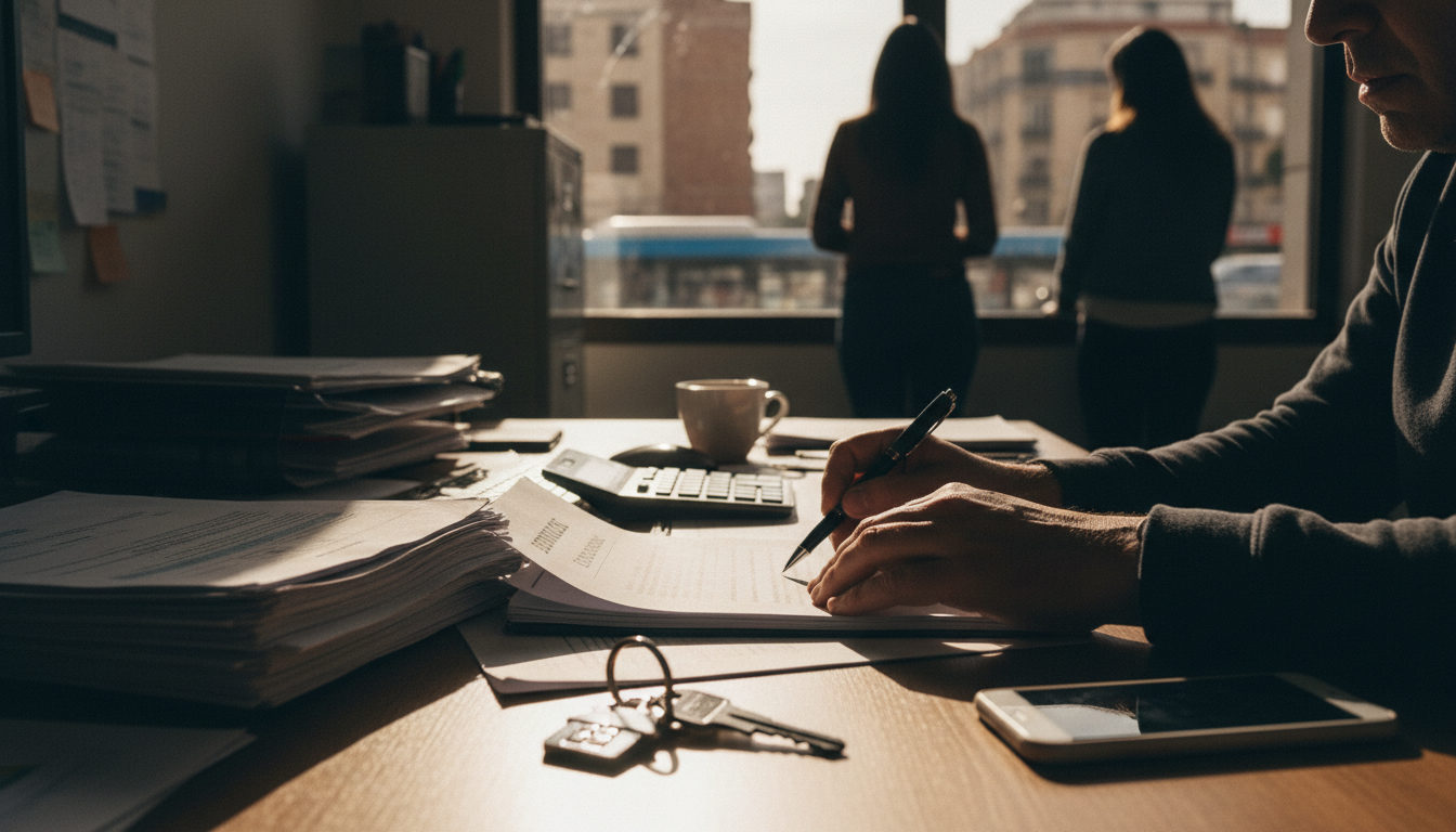 Manos examinando un contrato de alquiler sobre una mesa con un bolígrafo y las llaves de un piso, en un ambiente que sugiere preocupación por la situación de la vivienda.