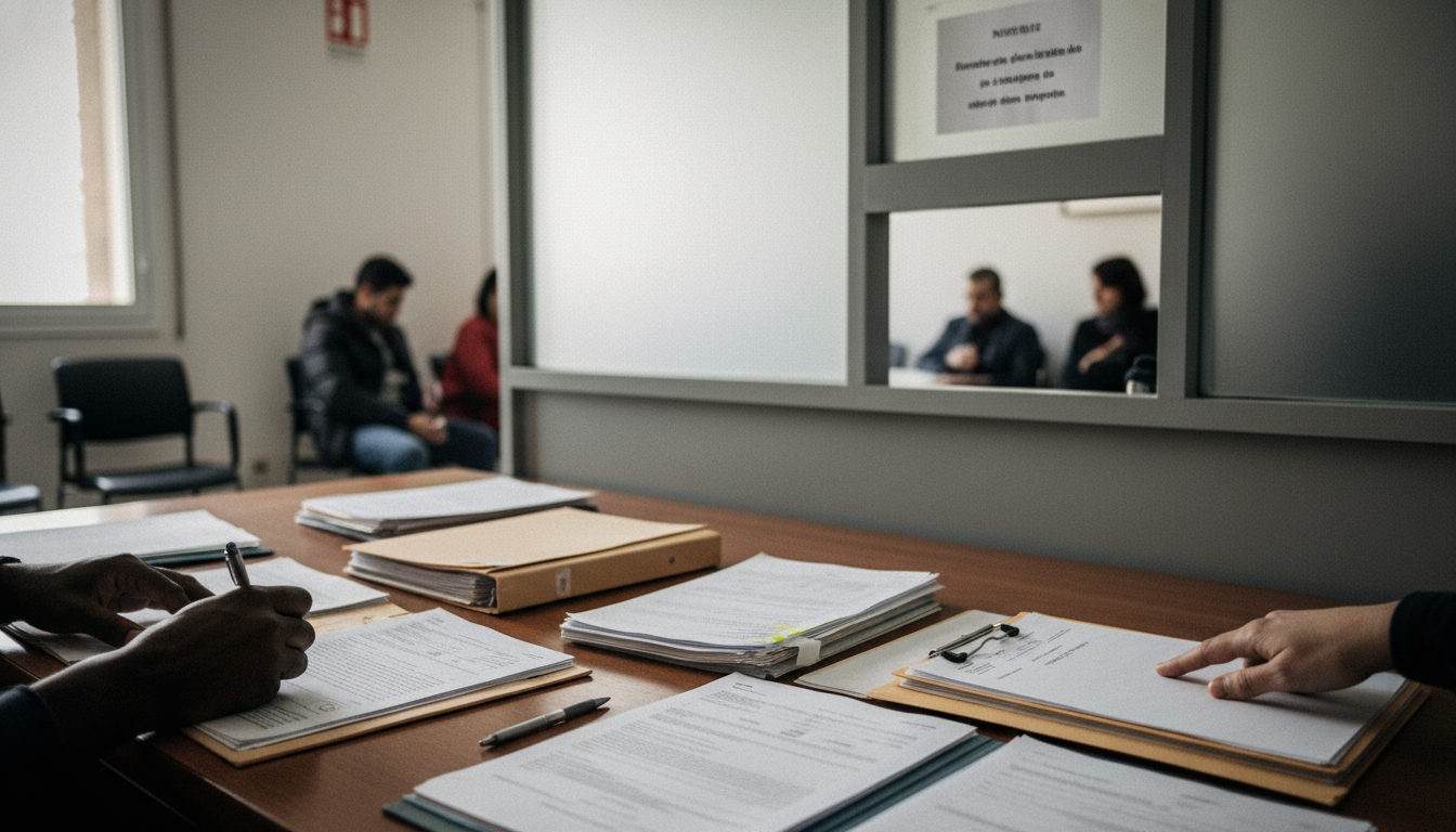 Papeles de extranjería, un pasaporte y una carpeta de trámite sobre una mesa