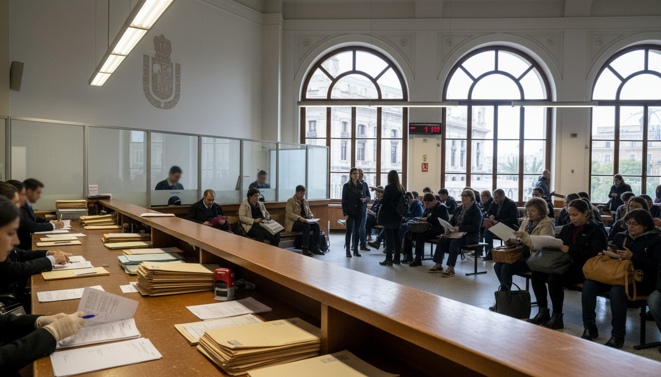 Personas esperando atención frente a una oficina consular en Barcelona