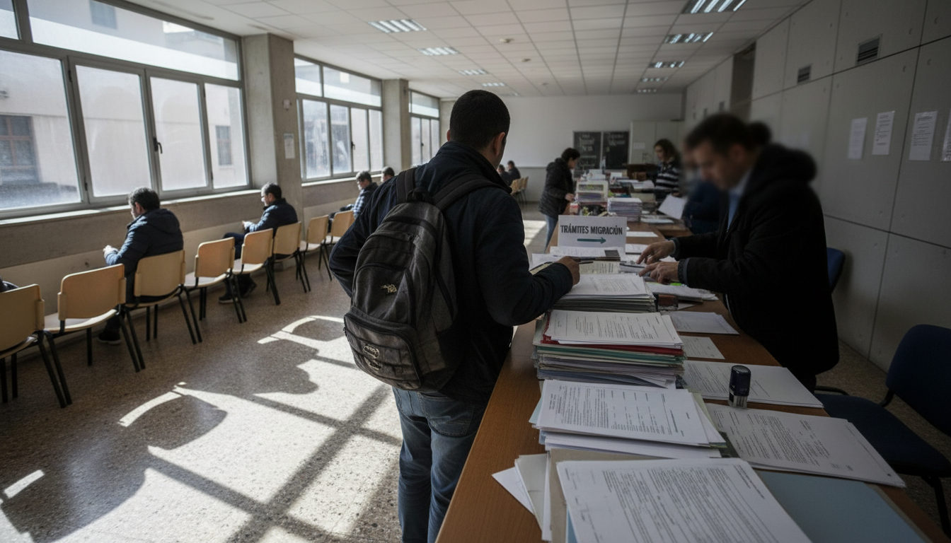 Persona rellenando un formulario de padrón junto a documentos de identidad