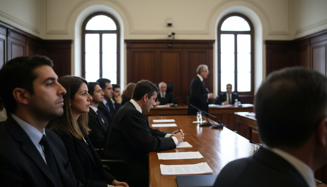 Representación de una sala de justicia en España, con personas de diversas etnias observando, simbolizando la confianza o inquietud ante el sistema legal.