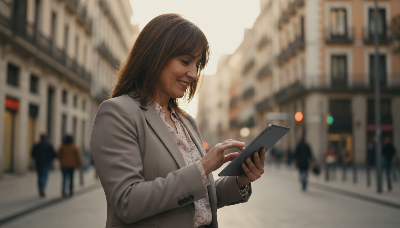 Mujer latina de mediana edad con una tableta, simbolizando la adaptación a nuevas tecnologías y oportunidades laborales.