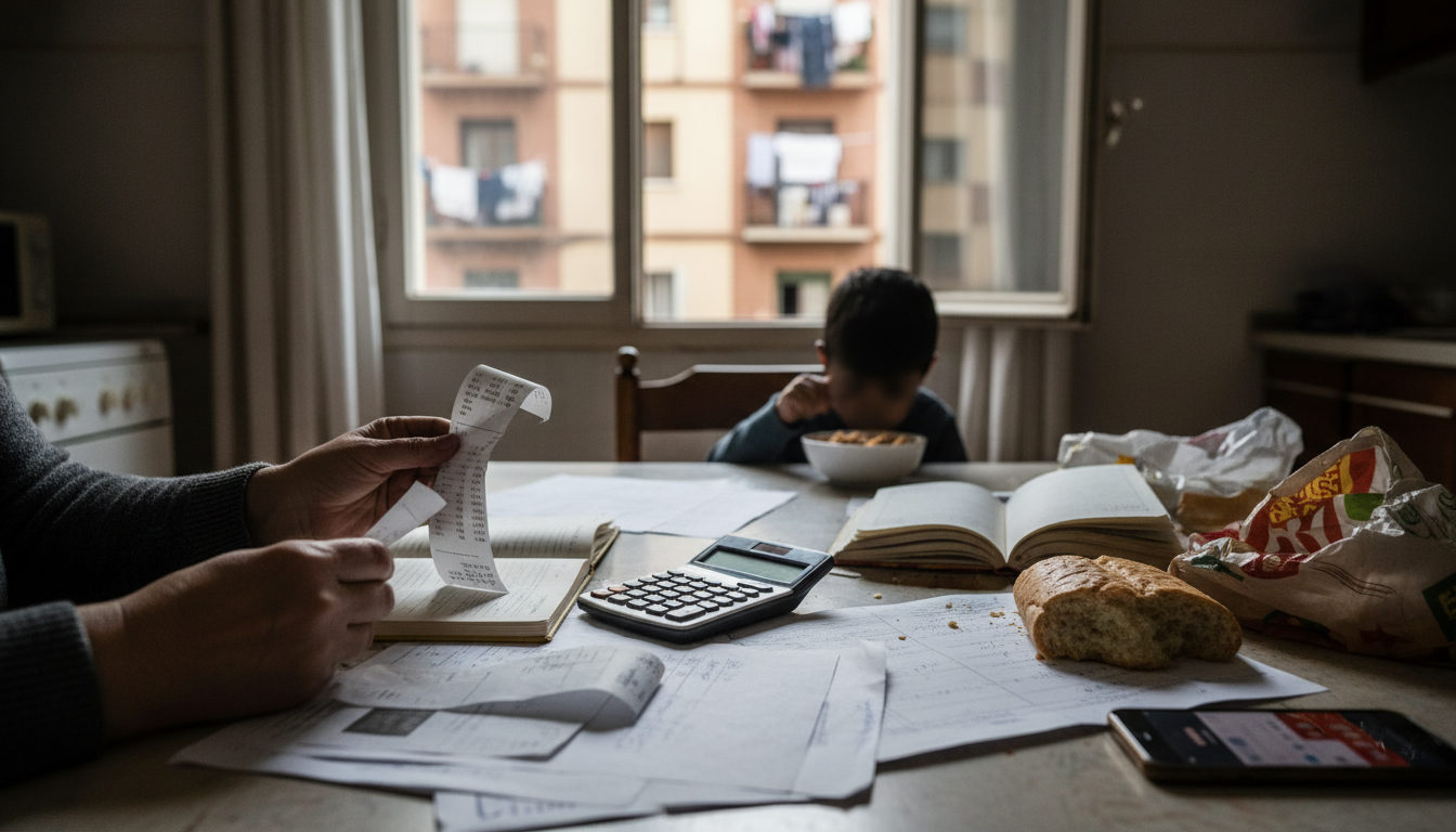 Mujer latina con una bolsa de la compra reutilizable vacía, visiblemente preocupada por los altos precios de las frutas y verduras en un supermercado en España.