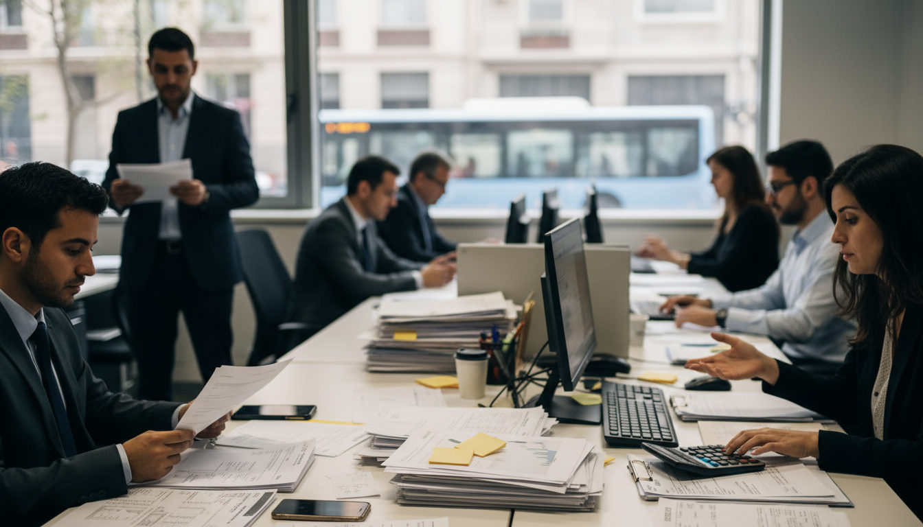 Manos de trabajadores latinos en España hojeando documentos o completando formularios en una oficina de empleo, con otras personas esperando al fondo.