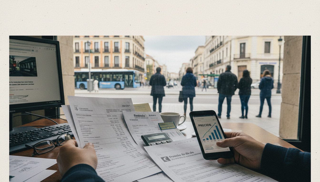 Mujer latina revisando los precios en su móvil en el pasillo de un supermercado en España, con una expresión de preocupación por el costo de la compra semanal.