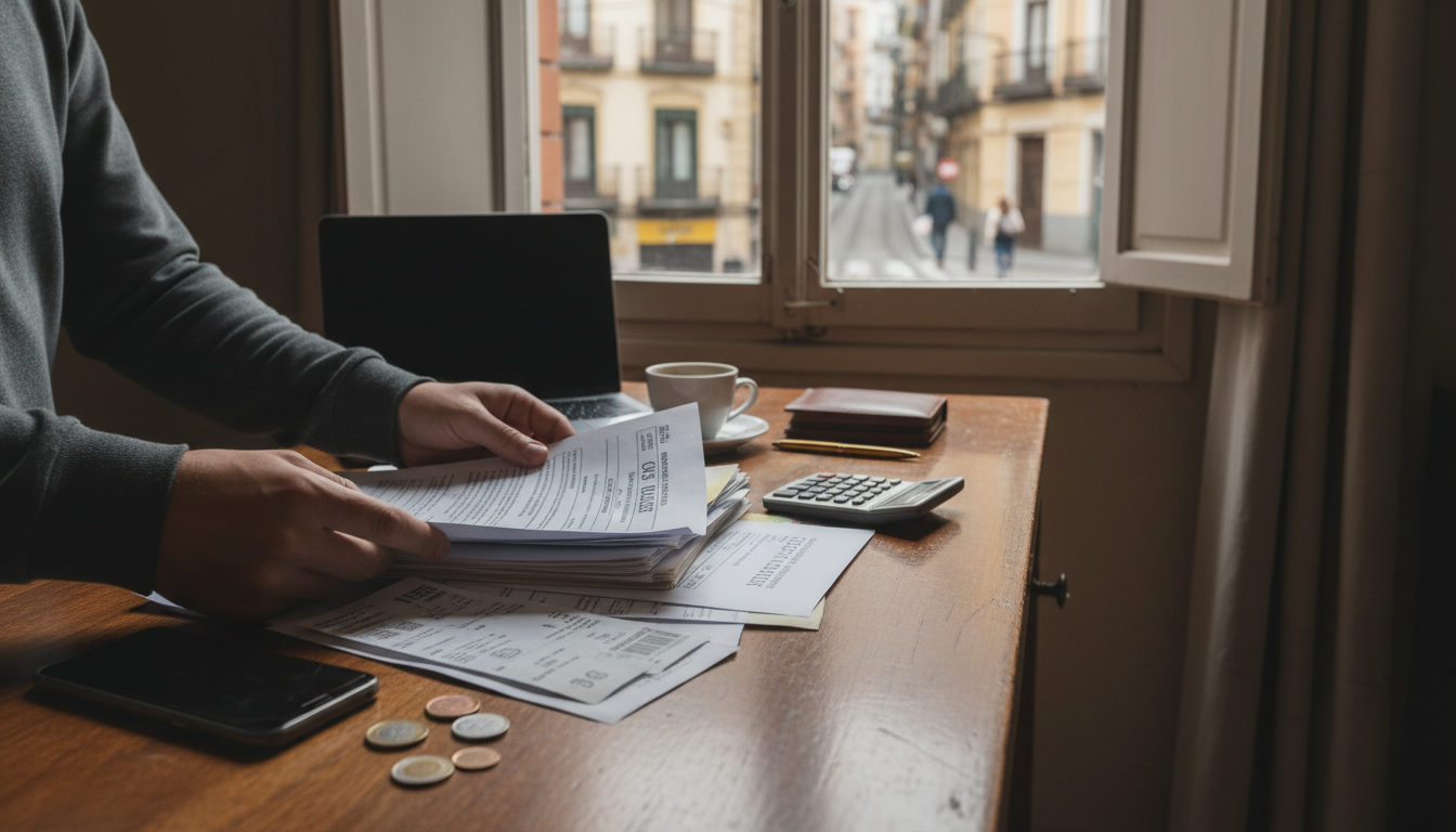 Una familia latina en España revisa documentos de vivienda con semblante pensativo, simbolizando el impacto del mercado inmobiliario en su economía doméstica.